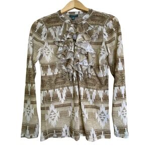 Lauren Jeans Co Ralph Lauren Womens L Top Brown Aztec Ruffle Mesh Long Sleeve